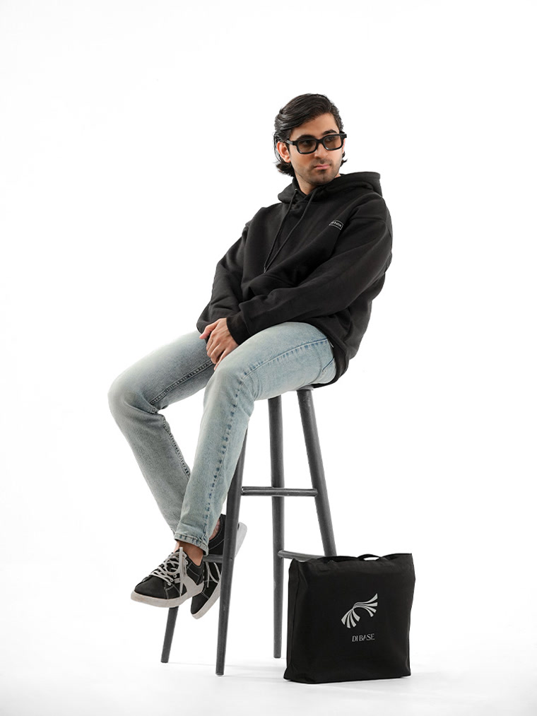 Deep Black hoodie with Mid Night Essential Cotton Bag